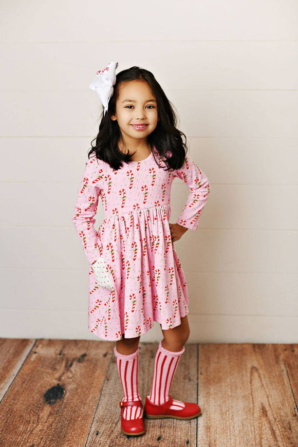 Girls Pink Candy Cane Ribbed Holiday Twirl Dress