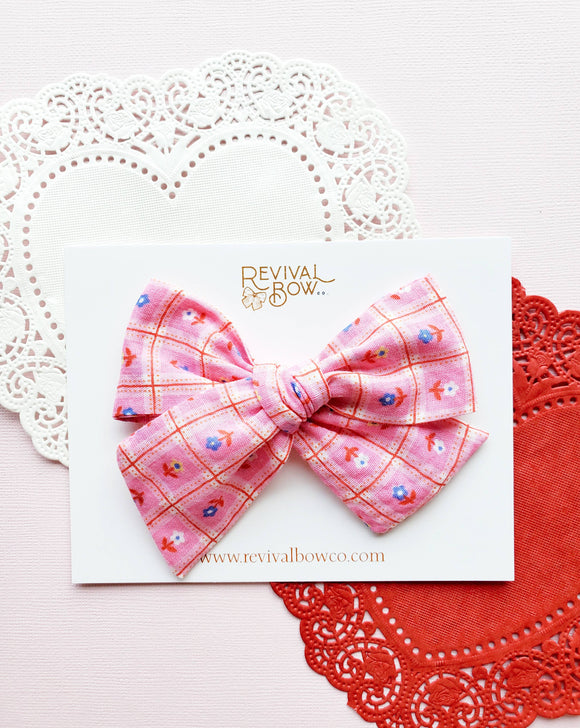 Large Vintage Bow on Clip (Pink Floral Check)