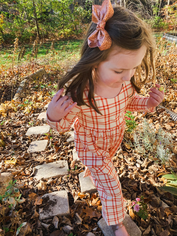 Long Sleeve Pant Romper (Scarlet Plaid)