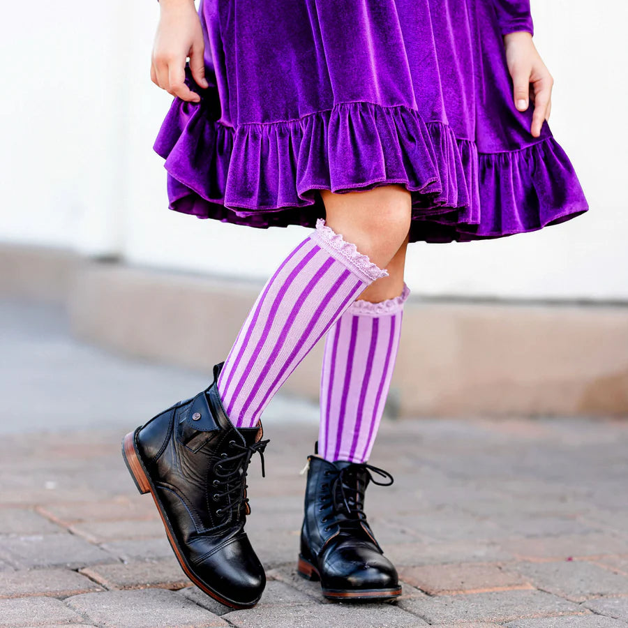 Vertical Striped Lace Top Knee High Socks - Wisteria Purple   shopdelightfulfind
