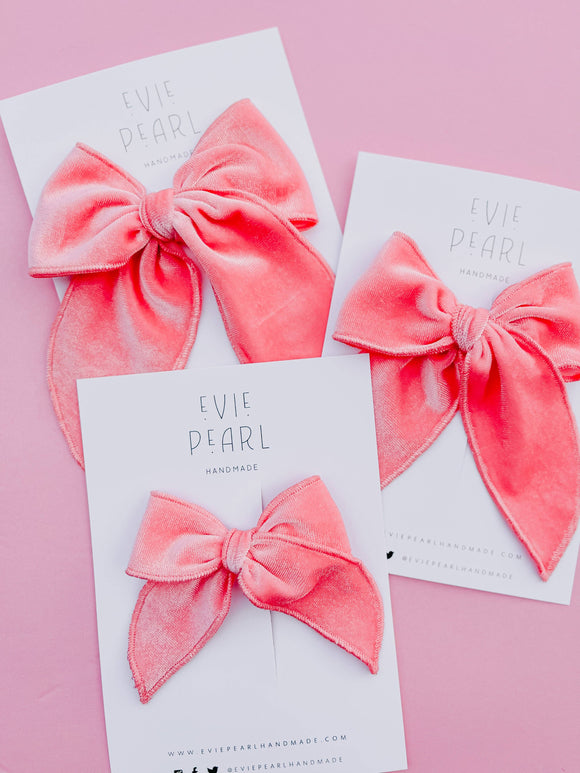 Coral Pink Velvet Bow (Multiple Sizes)