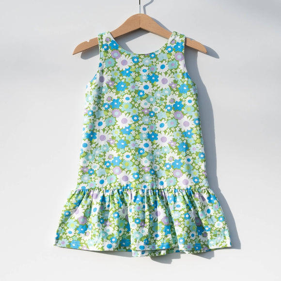 Blue and Green Flower Power Drop Waist Dress