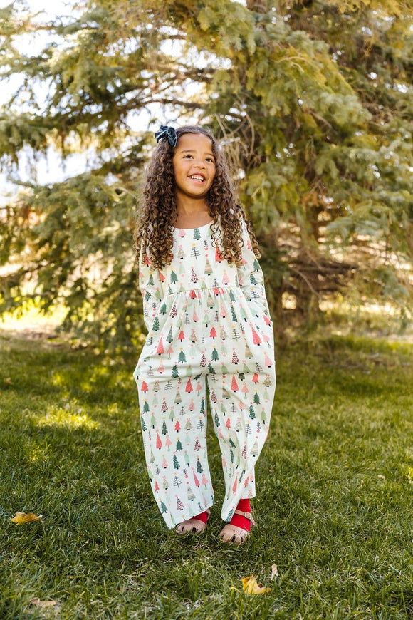 Long Sleeve Pant Romper (Green Christmas Trees)