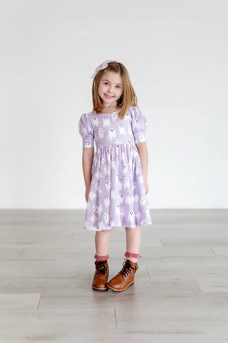 Ollie Jay Halloween Puff Twirl Dress (Purple Girly Ghost)