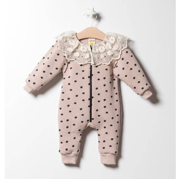 Lace Polka Dot Baby Jumpsuit - Latte