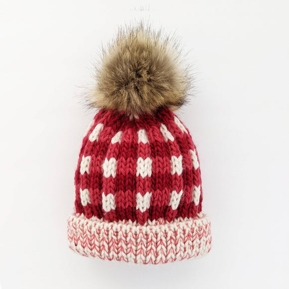 Festive Buffalo Check Pom Pom Beanie Hat (Red)