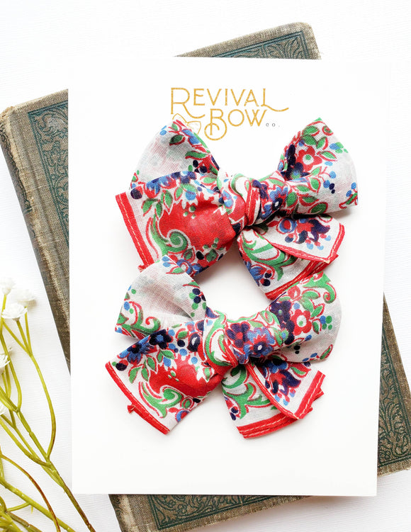 Vintage Handkerchief Pigtail Bows (Red Blue Floral)