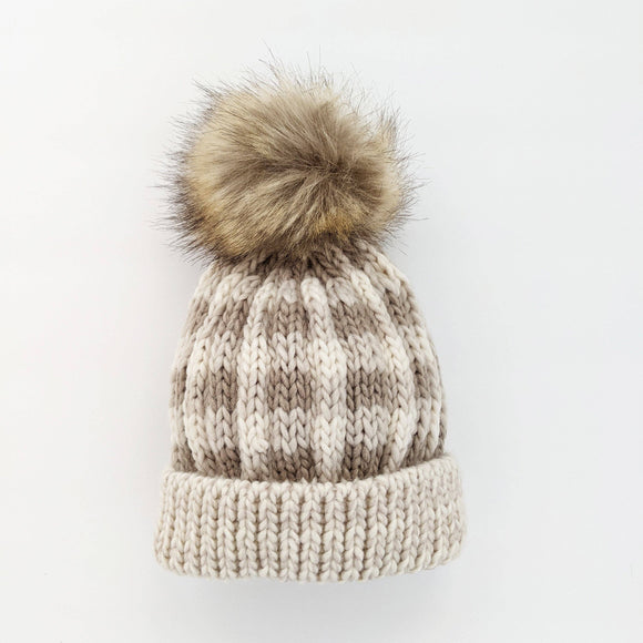 Pebble Brown Buffalo Check Pom Pom Beanie Hat