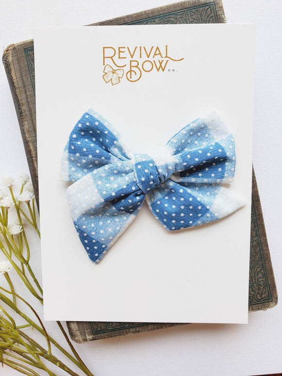 Large Vintage Fabric Bow (Blue Gingham)