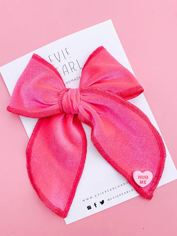 Hot Pink Hug Me Conversation Heart Velvet Oversized Bow